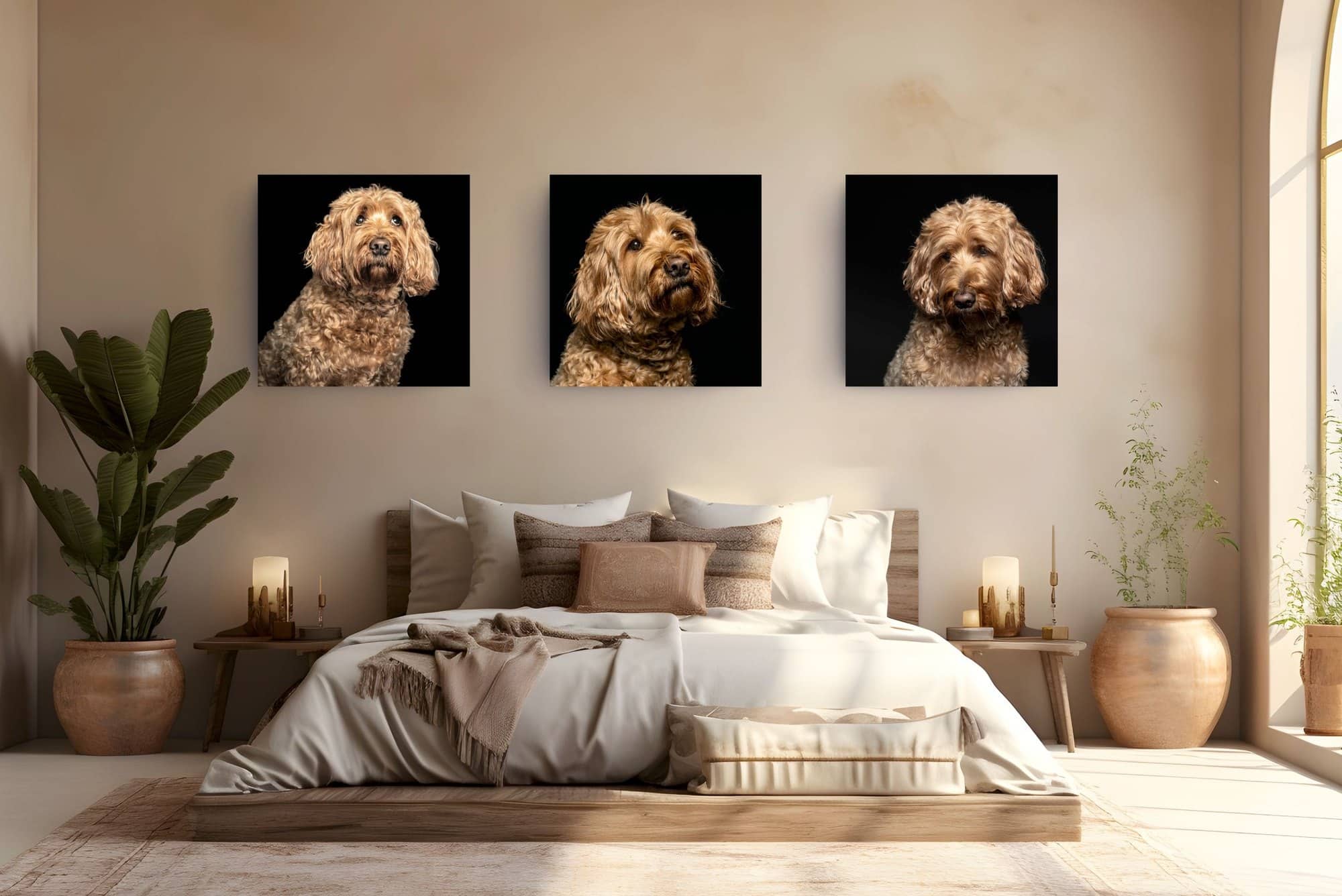 Drei Hundeportraits als Wandbilder im Schlafzimmer